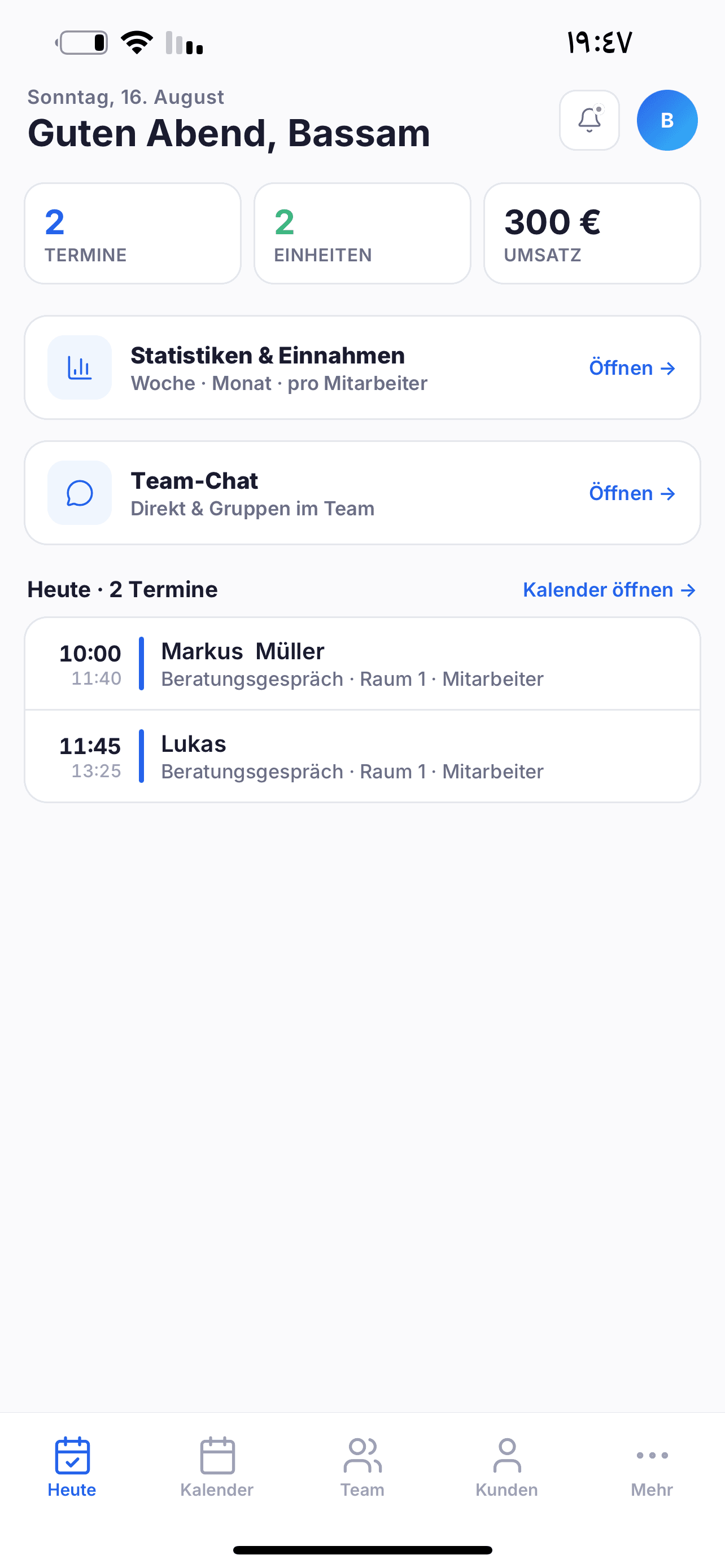 Tagesübersicht mit Kunden und Terminen in Terminov