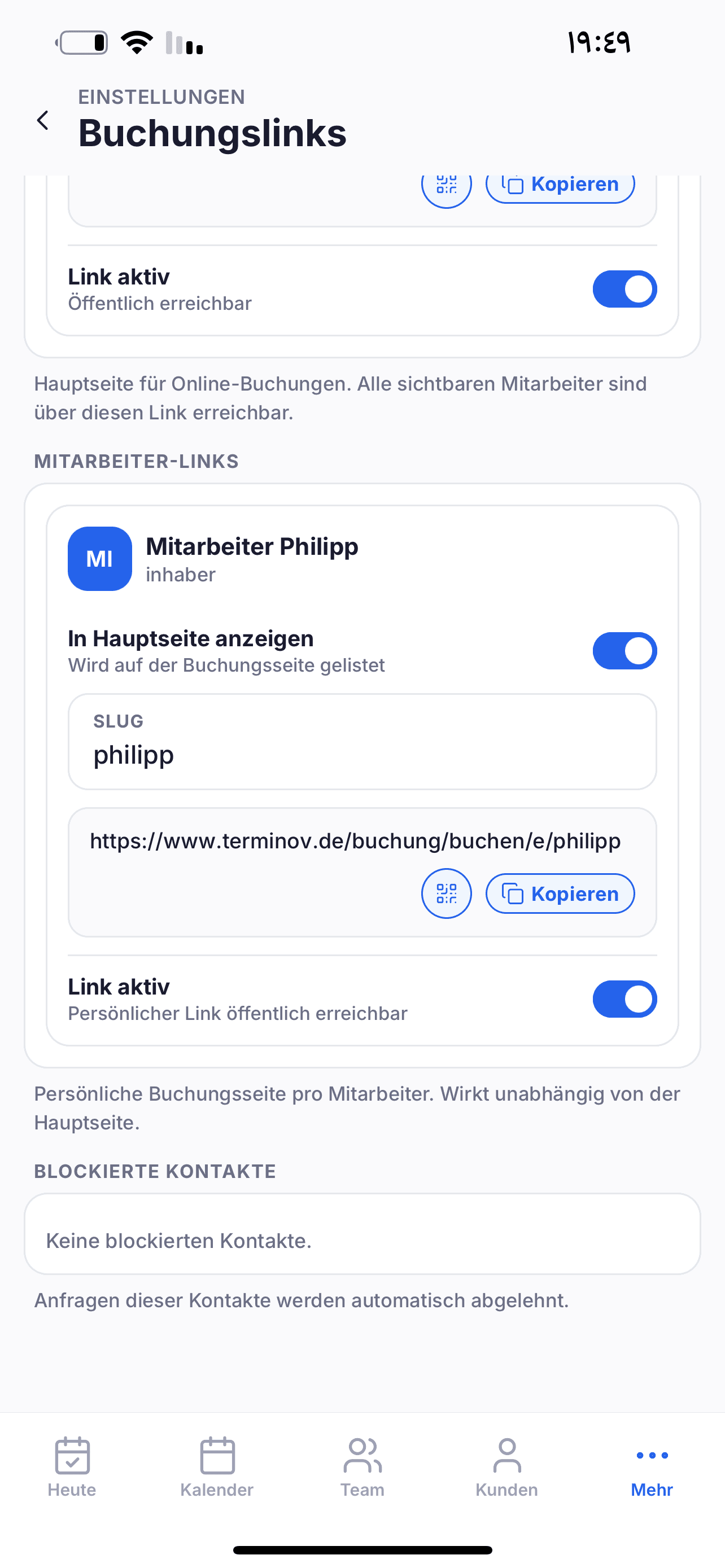 Persönliche Buchungslinks für Mitarbeiter in Terminov