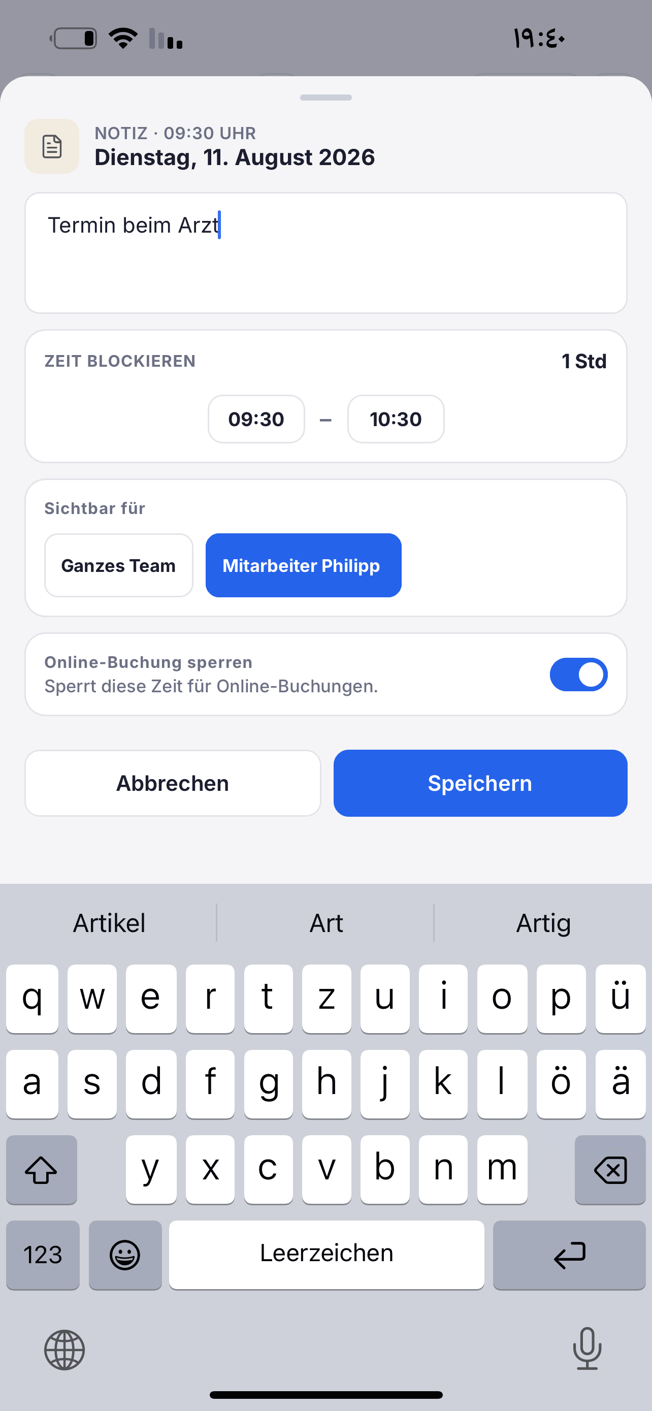 Zeit in der Terminov App blockieren
